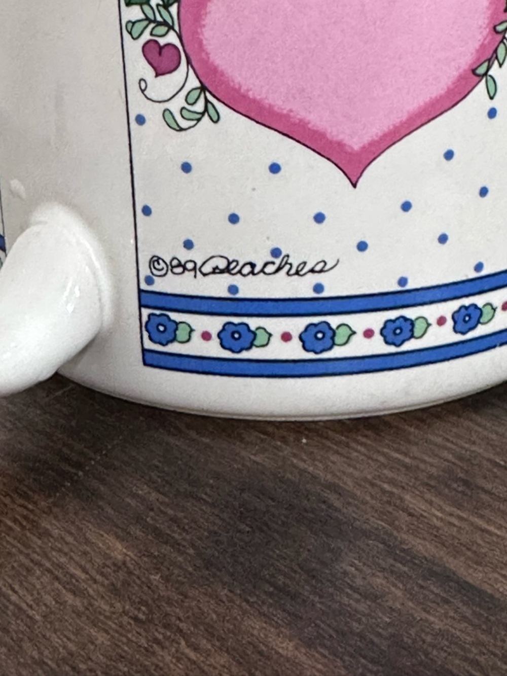 Vintage 1989 Peaches Floral Heart Coffee Mug Grandmacore Cottagecore Pink Blue - Picture 4 of 8